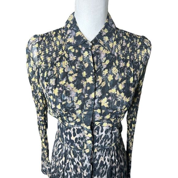 ALLSAINTS Black  Mix Media Collared Midi Hi Low Shirt Dress Sz4 Animal Print - Picture 5 of 8